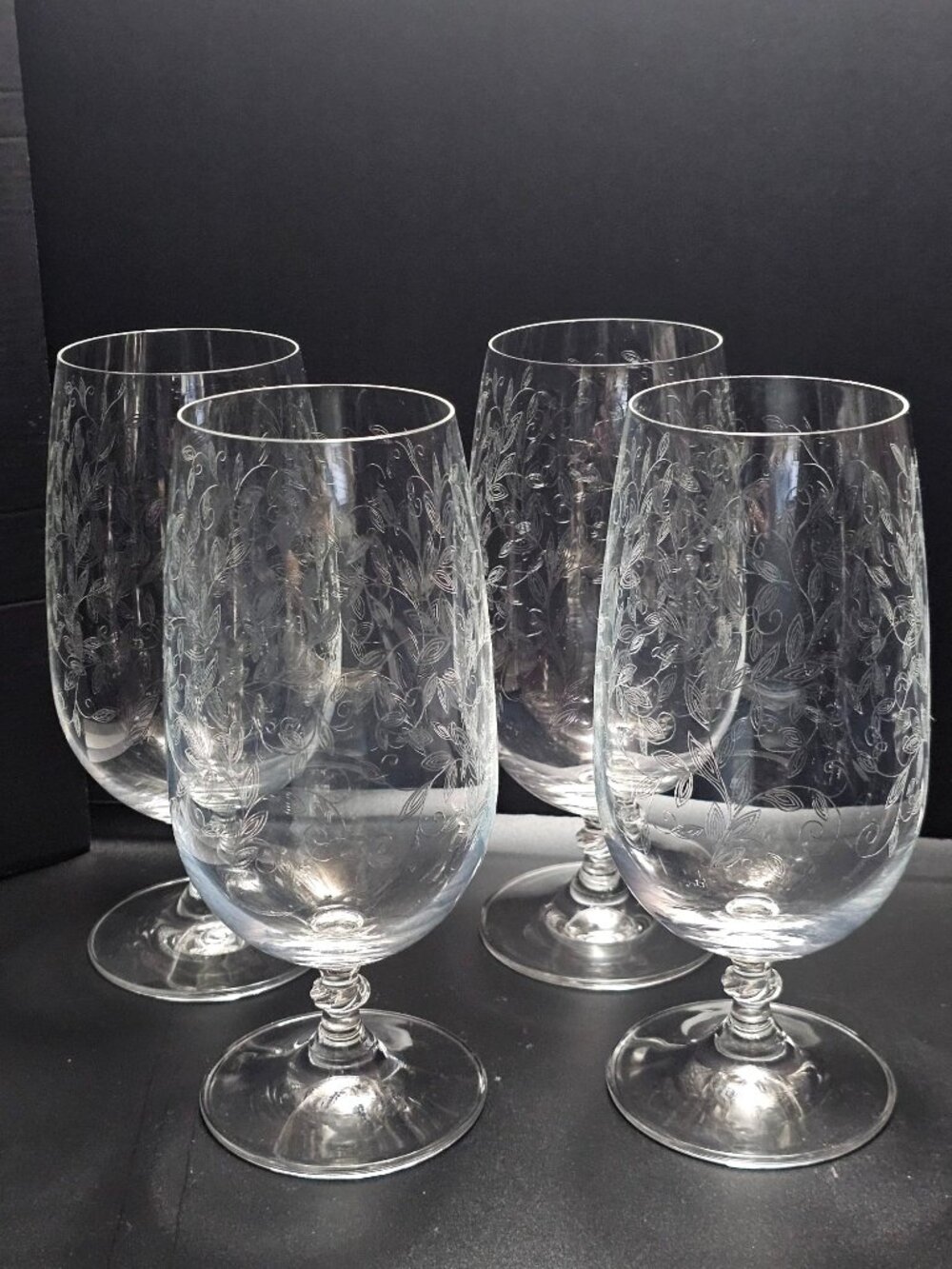 4 Pier1 Eliza Iced Tea Goblets Glasses 7.5" crystal chintz etched leaves vintage - Picture 2 of 4